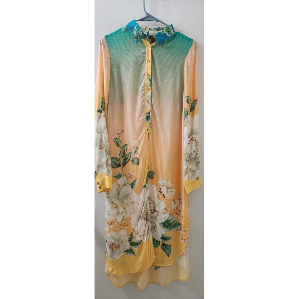 Farm Rio Yellow Teal Ombre Floral Maxi Shirt Dress Long Sleeve Size P Small